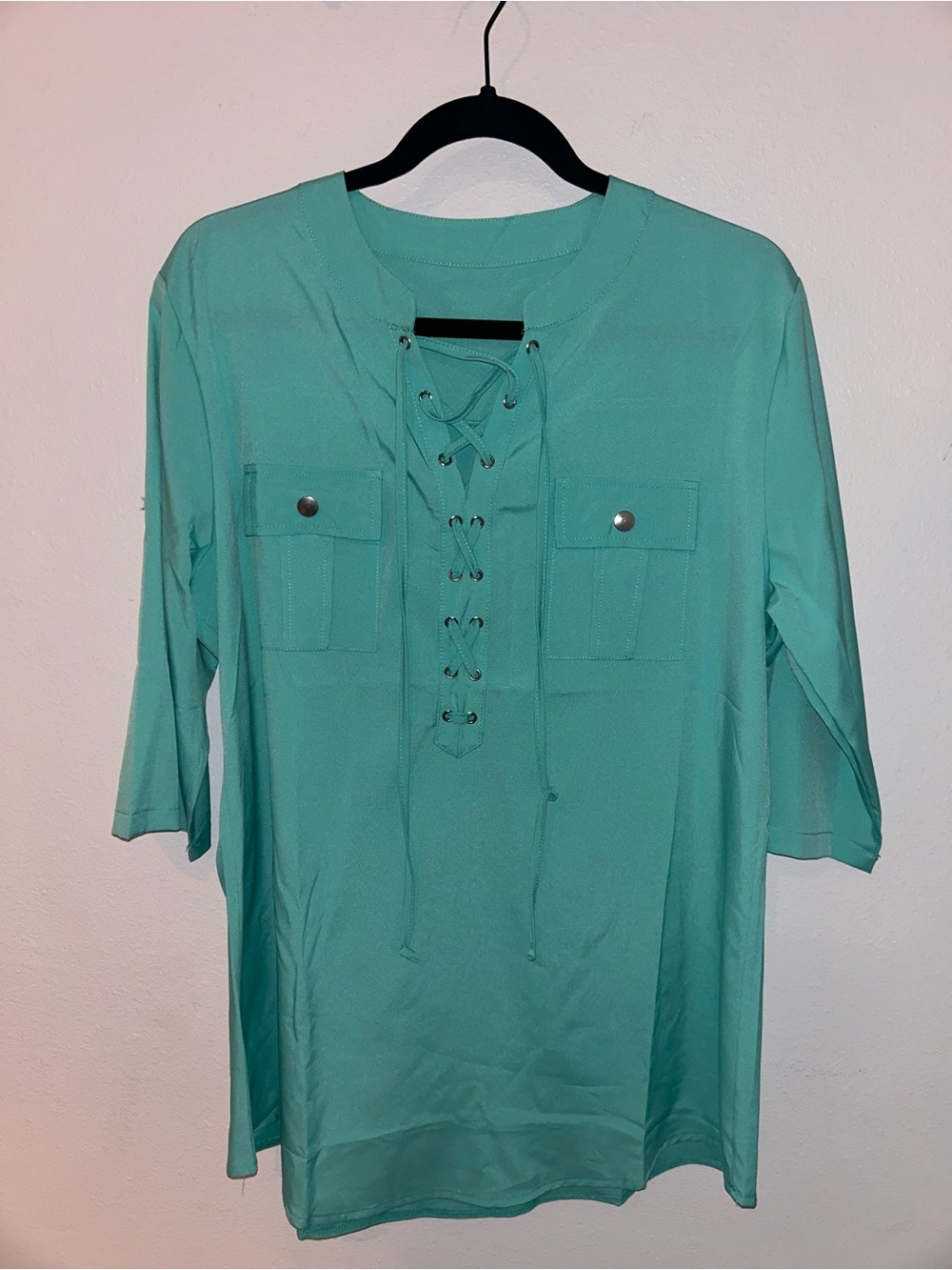 Aqua Lace-Up Pocket Tunic women’s xl 3/4 sleeves light summer blouse teal blue